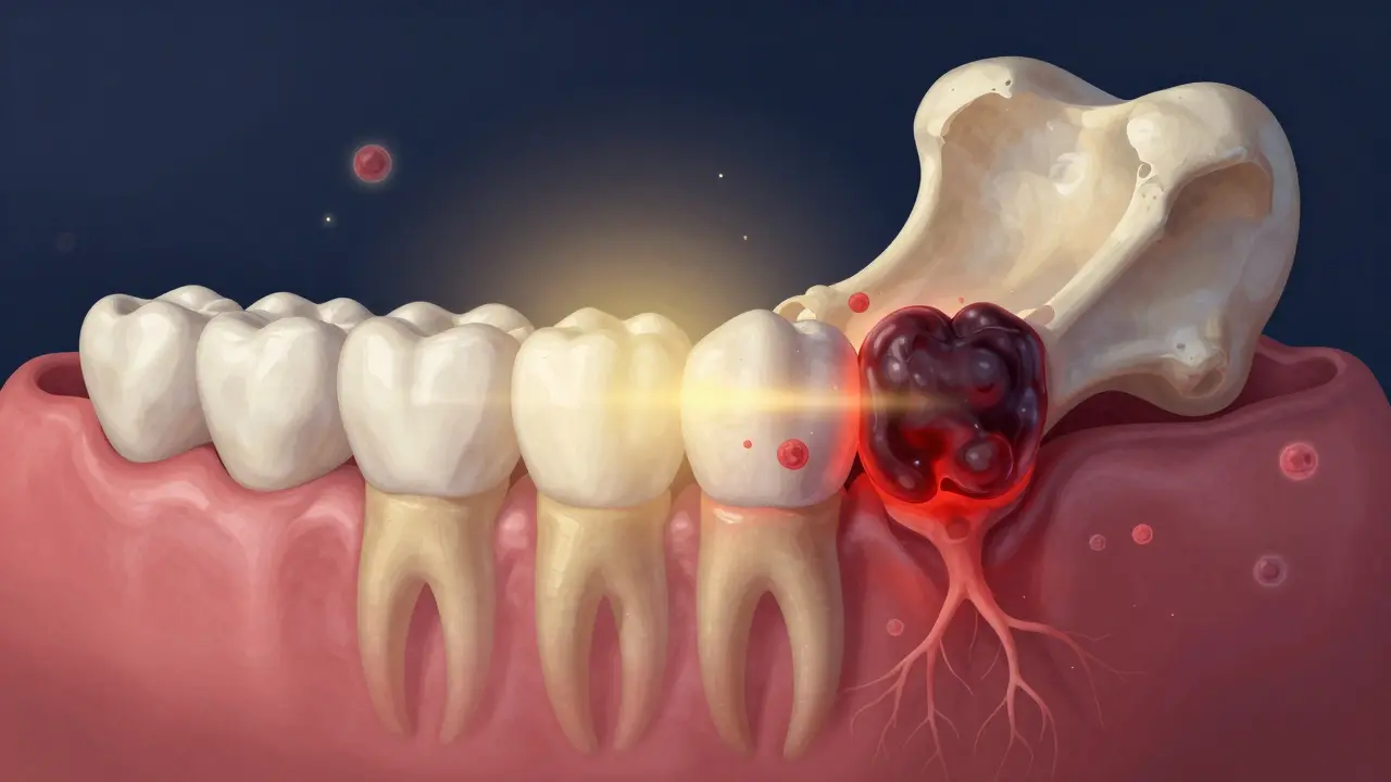 Zdravá a infikovaná část čelisti v kontrastu, symbolizující hojení.