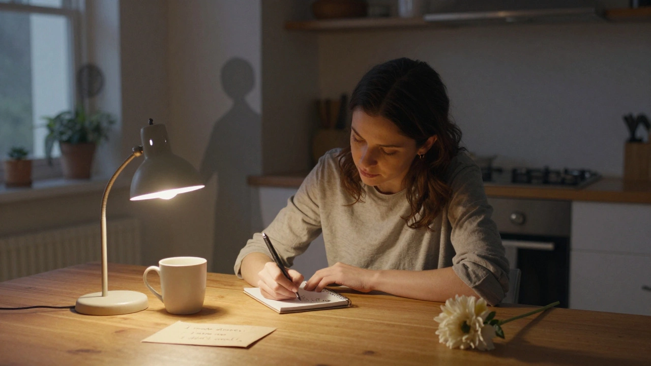 Žena píše do sešitu večer u kuchyňského stolu, světlo osvětluje tři jednoduché věci.