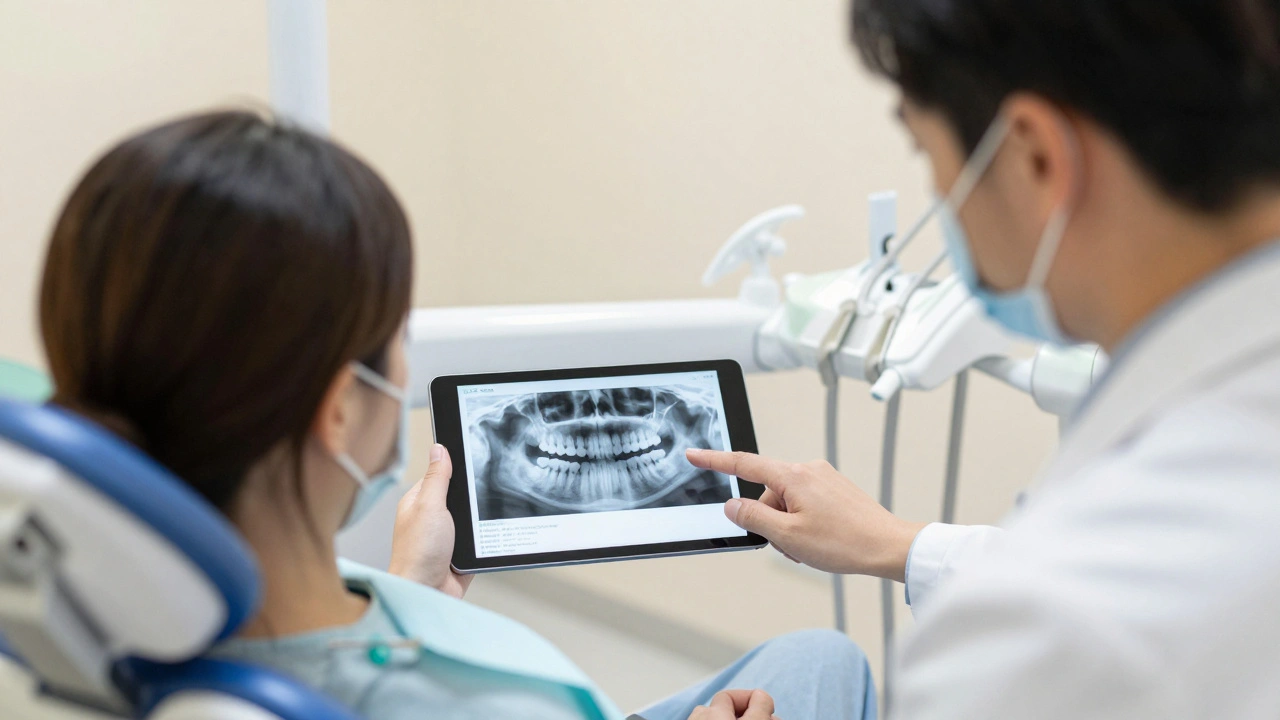 Žena s zubní kartou a lékař si prohlížejí léčebnou historii na tabletu.