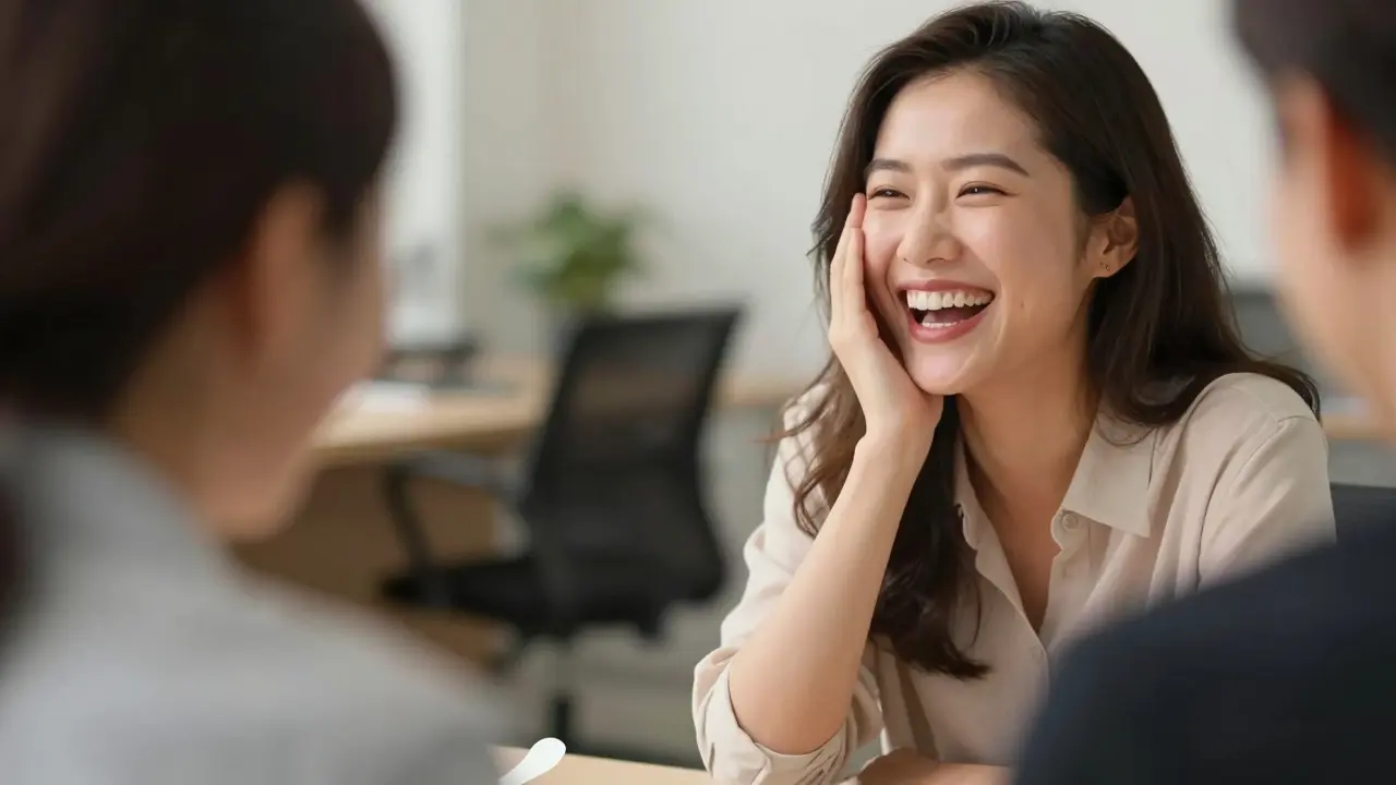 Žena se otevřeně směje během rozhovoru bez překrytí úst.