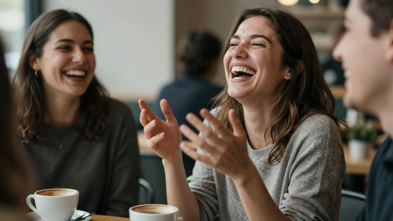 Žena se směje s přáteli v kavárně, její úsměv je přirozený a bez obav.