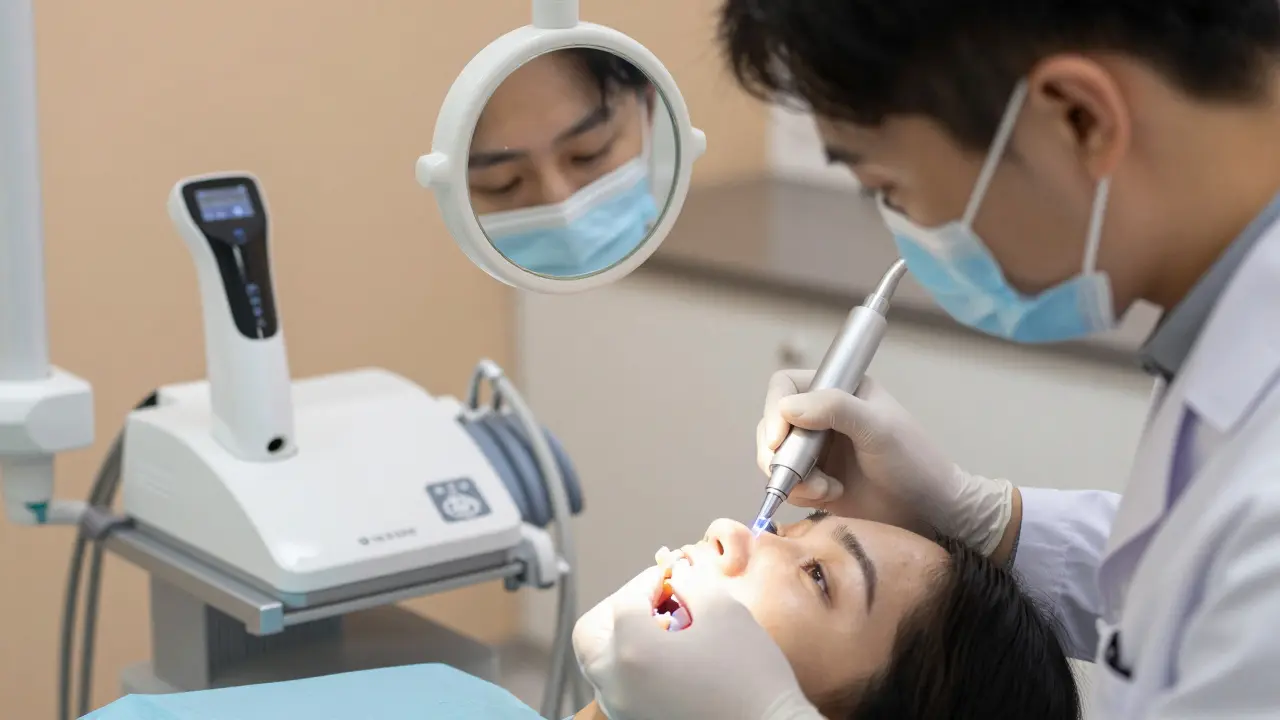 Zubní lékař připevňuje kompozitní onlay pomocí světelného léčení.