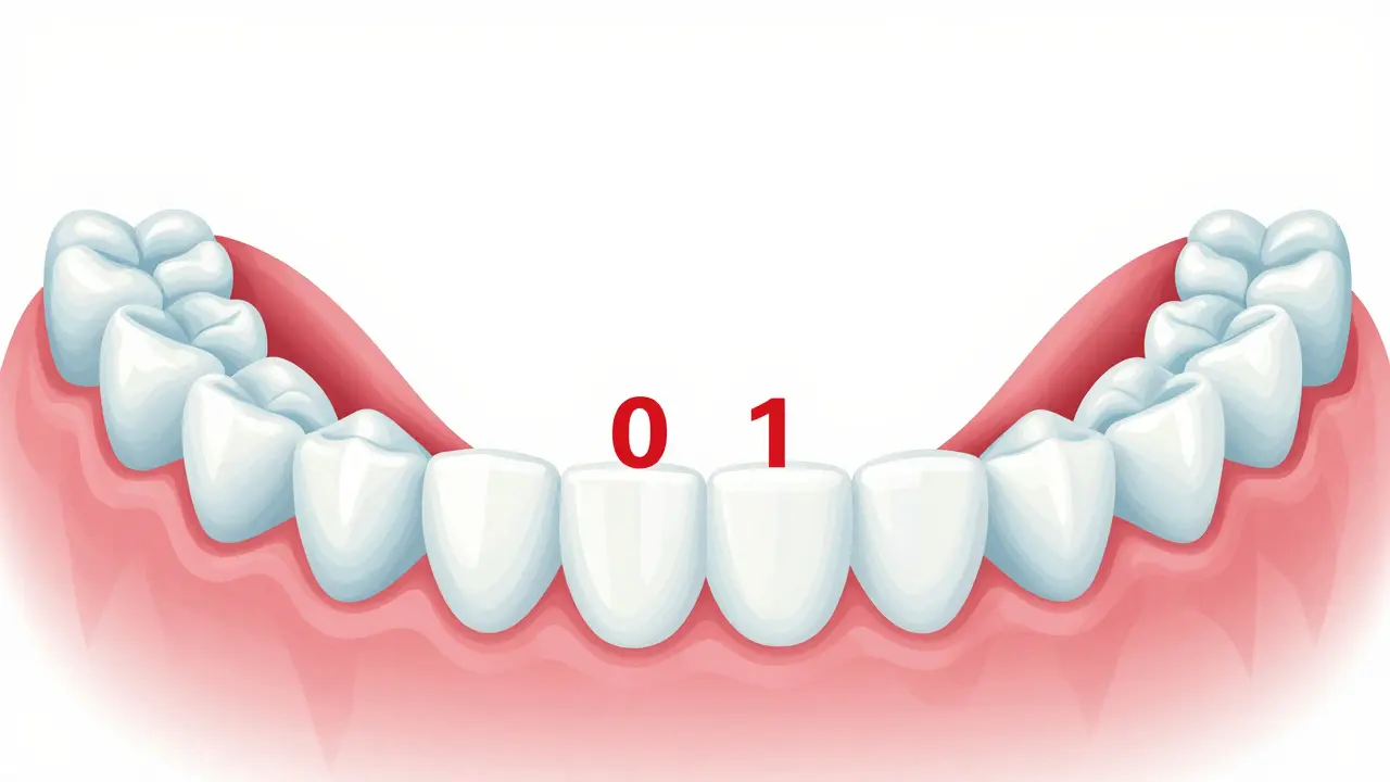 Dentální šipkový diagram s mléčnými a trvalými zuby, ukazující, které trvalé zuby nevyrůstají jako náhrada.