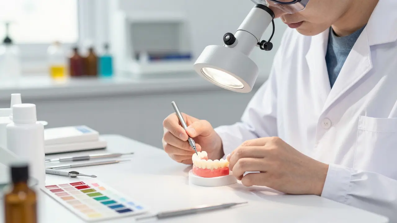 Dentální technik kontrolyje vyrobenou zubní protézu v laboratoři.