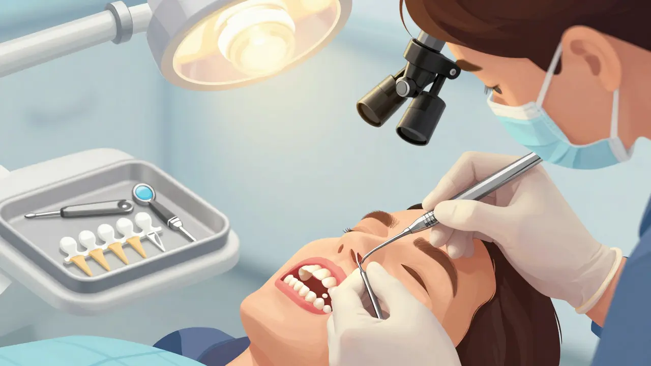 Dentista připevňuje keramickou fazetu na zub v klinice