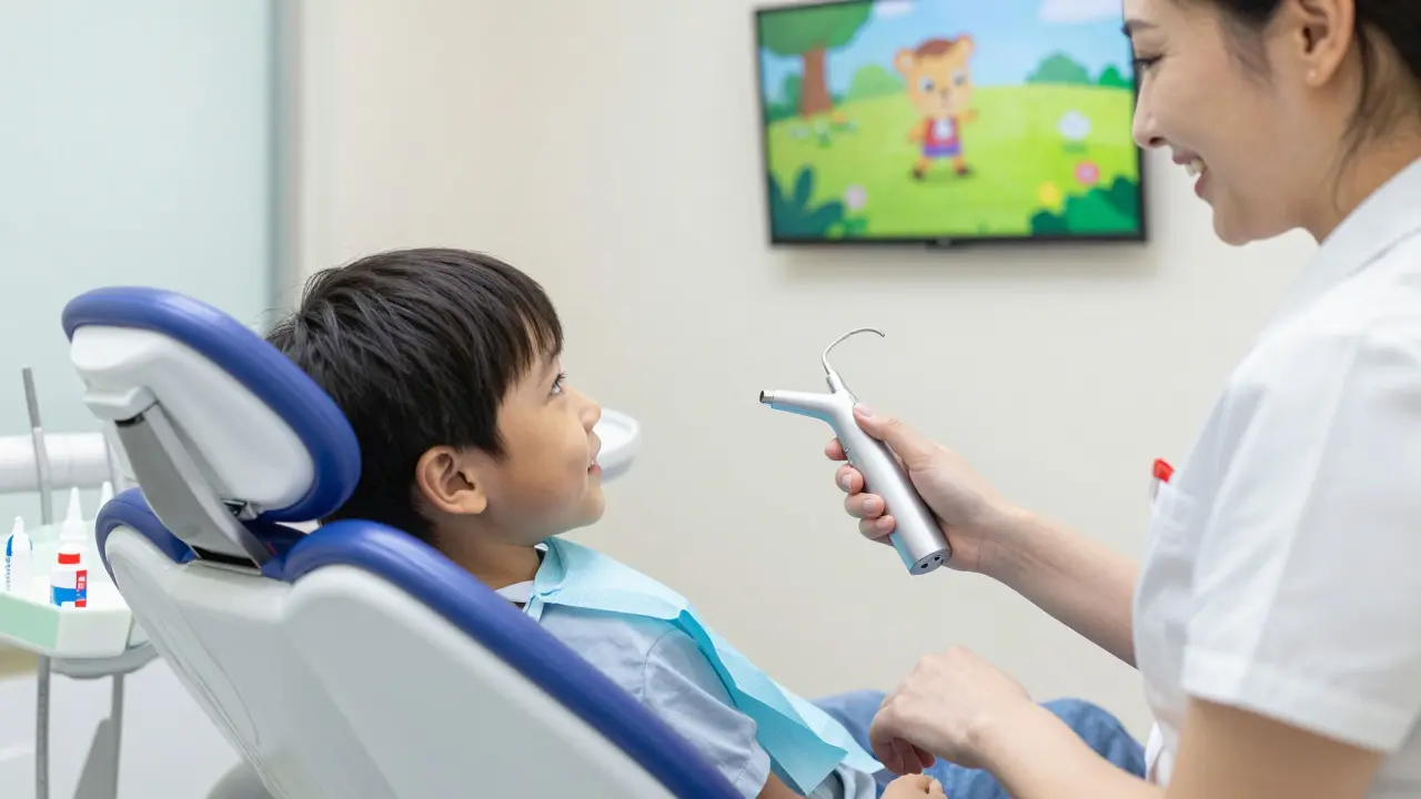 Dětský zubař čistí zuby dítěti ultrazvukovým přístrojem v barevné ordinaci.