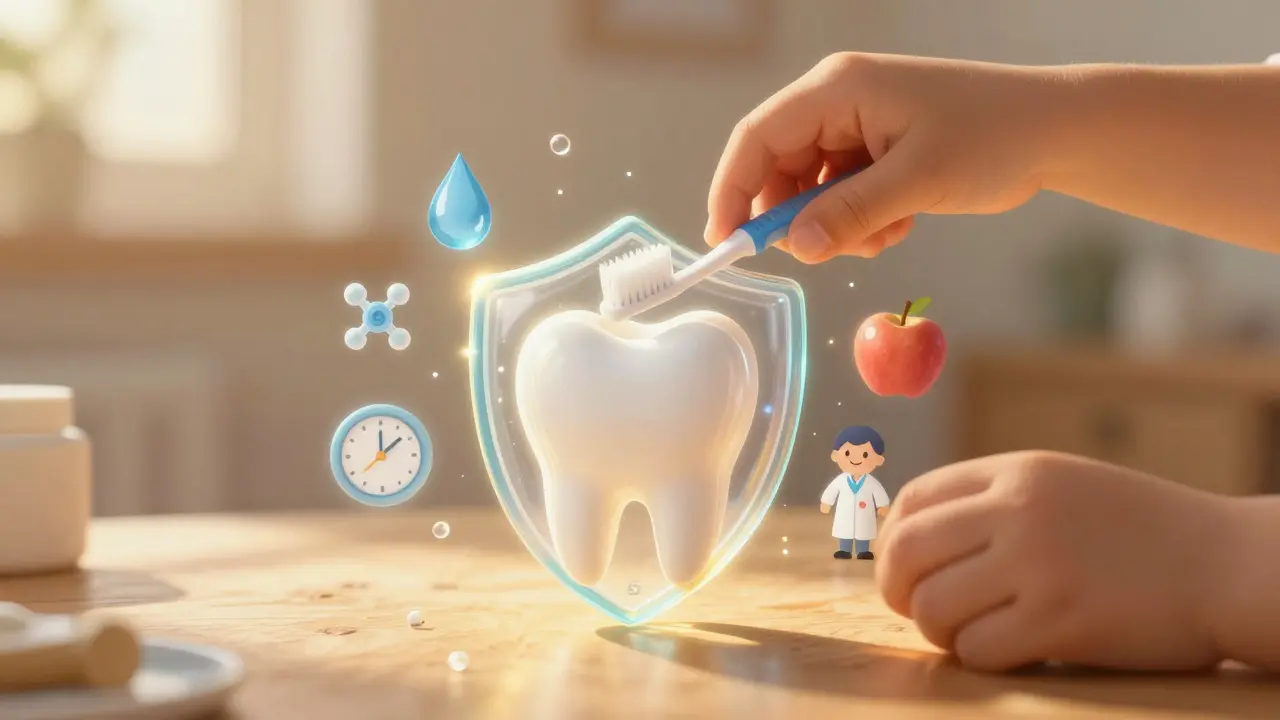 Dítě ukládá kartáček do ochranného štítu ve tvaru zubu, symbolizující prevenci.