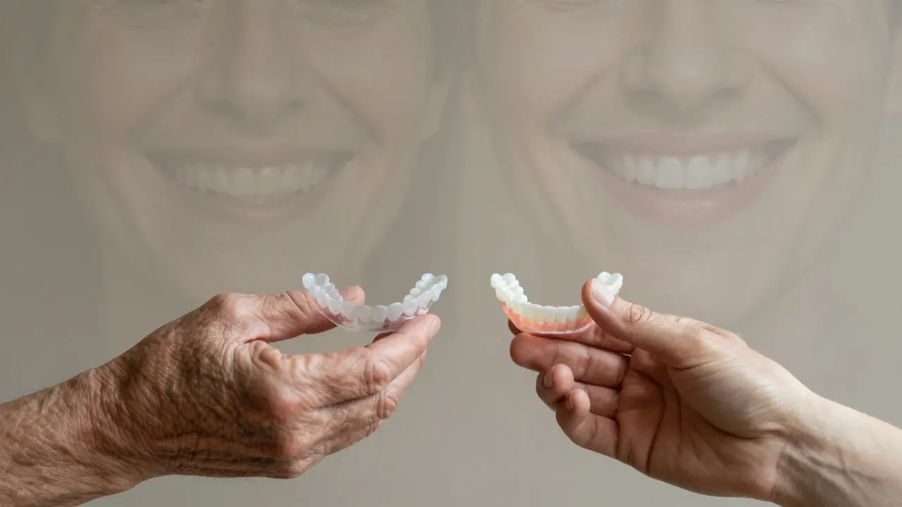 Dvě ruce drží nasazovací zuby — symbol různých věkových skupin a přístupnosti péče.
