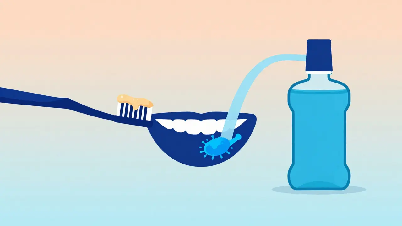 Kombinace kartáčku a zubní vody pracujících společně pro zdravější ústa.