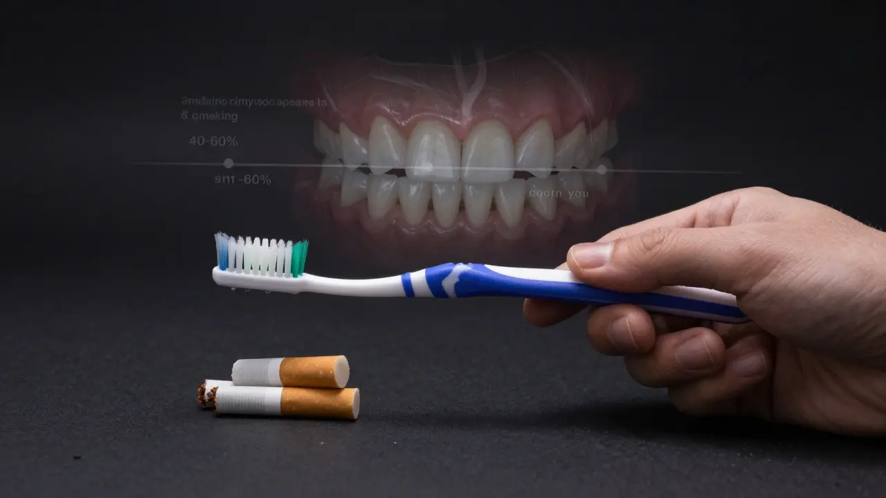 Měkký kartáček a zhasnuté cigarety symbolizují zlepšení zdraví dásní po kyretáži a ukončení kouření.