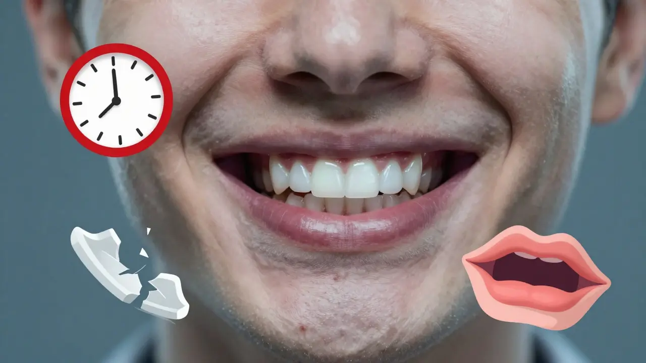 Nerovnoměrně bělené zuby s varovnými symboly příliš častého používání.