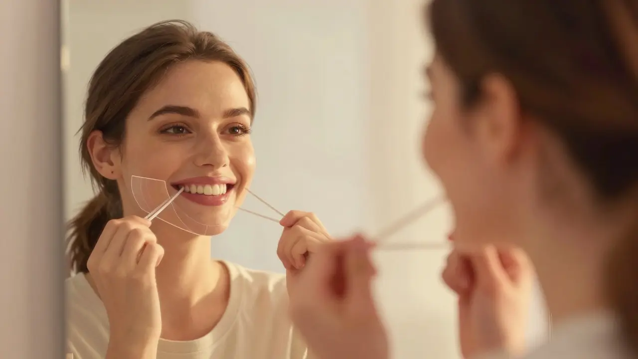 Osoba se usmívá do zrcadla, její úsměv vyjadřuje sebevědomí díky opravenému sevření čelisti.