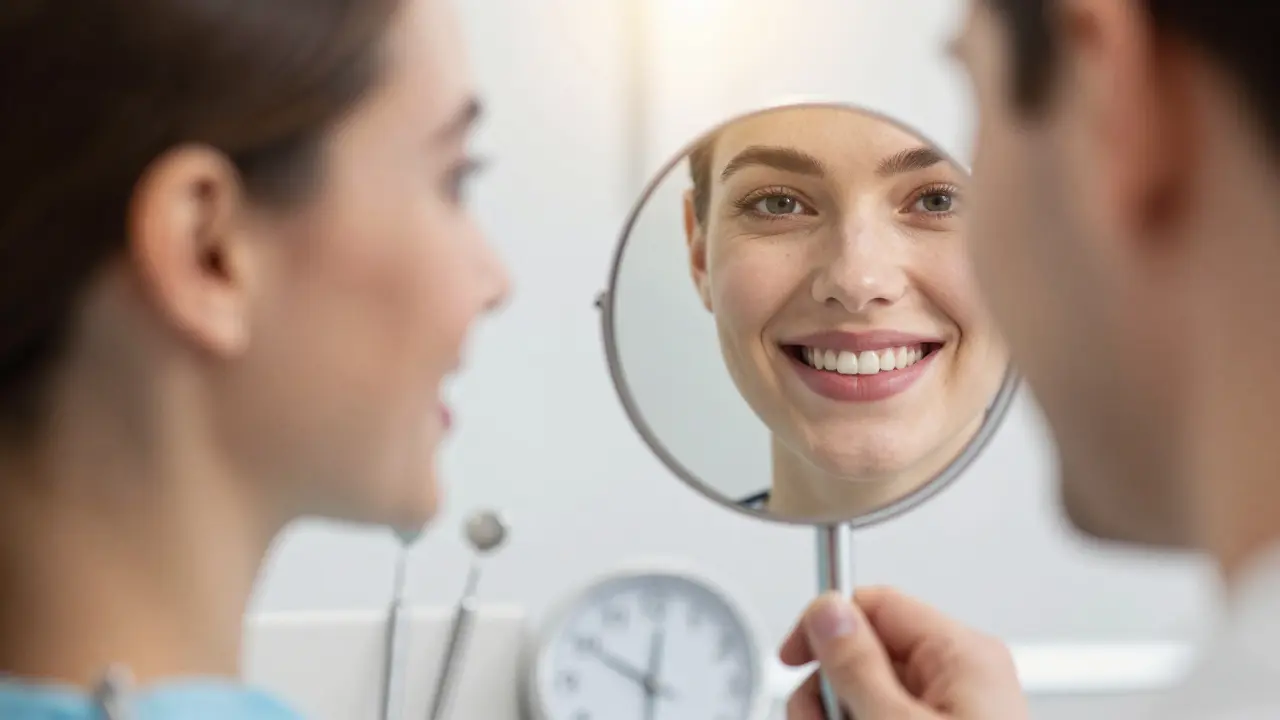 Osoba se usmívá do zrcadla, plomba v zubu je zcela neviditelná.