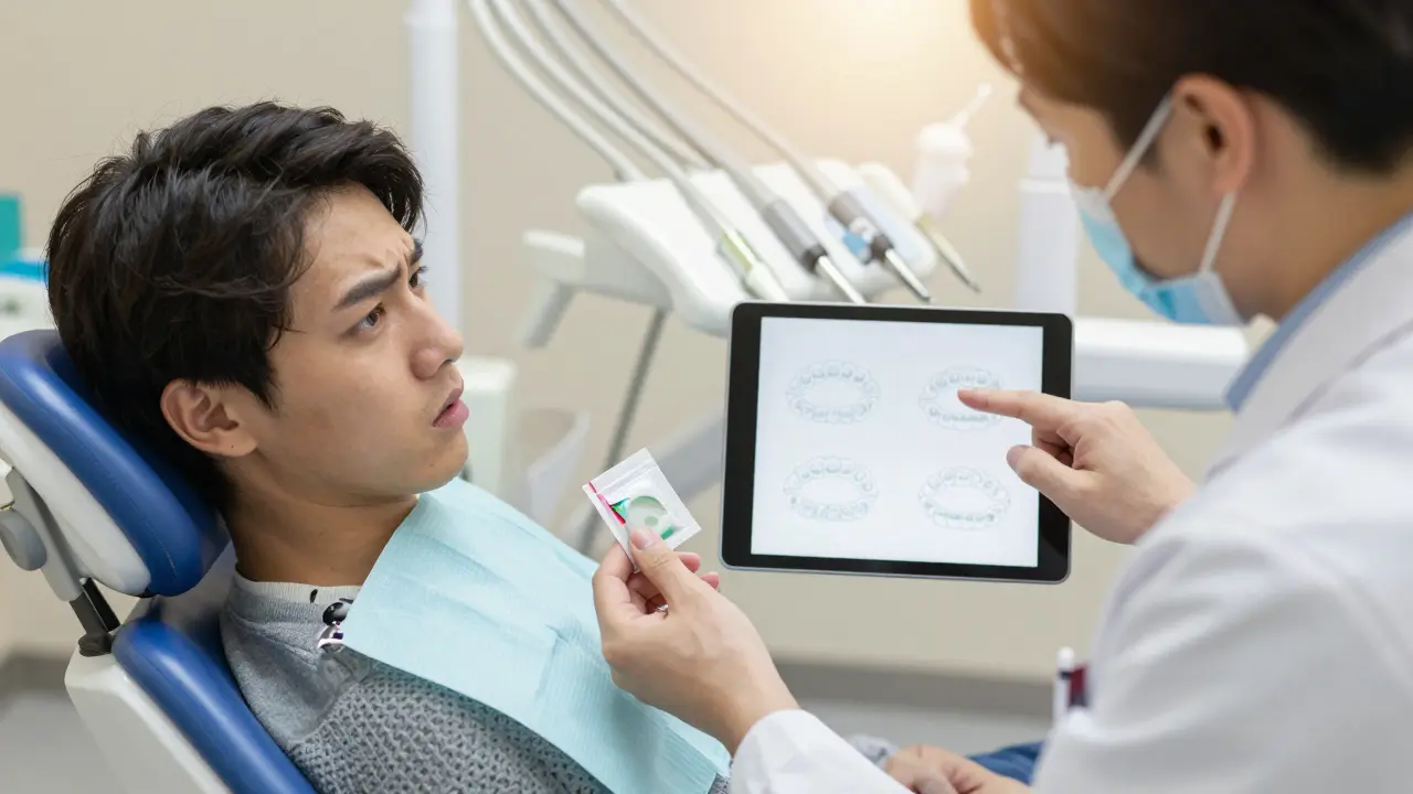 Pacient a ortodont si prohlížejí plán správného připevnění gumiček na zuby.