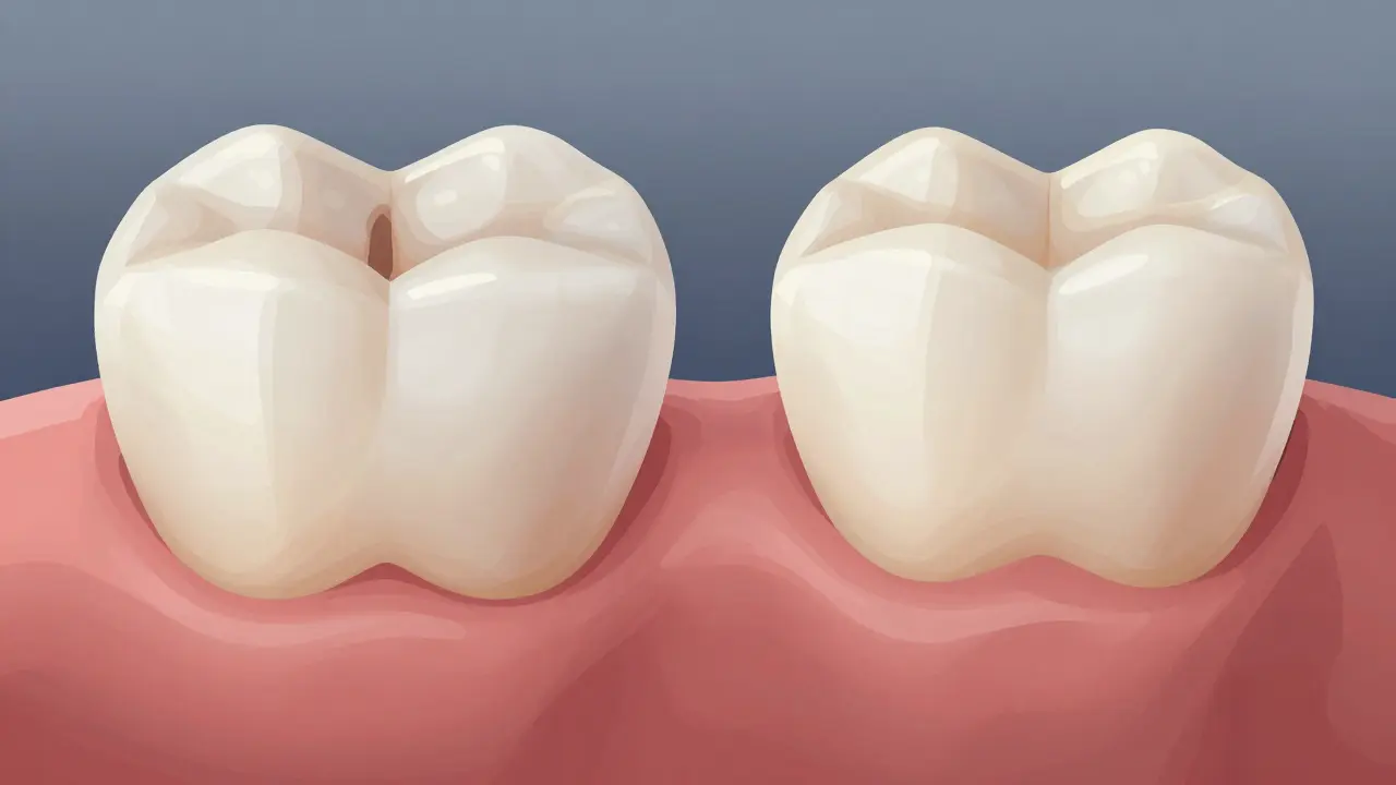 Před a po: zub s kariésou a po obnově s neviditelnou plombou.