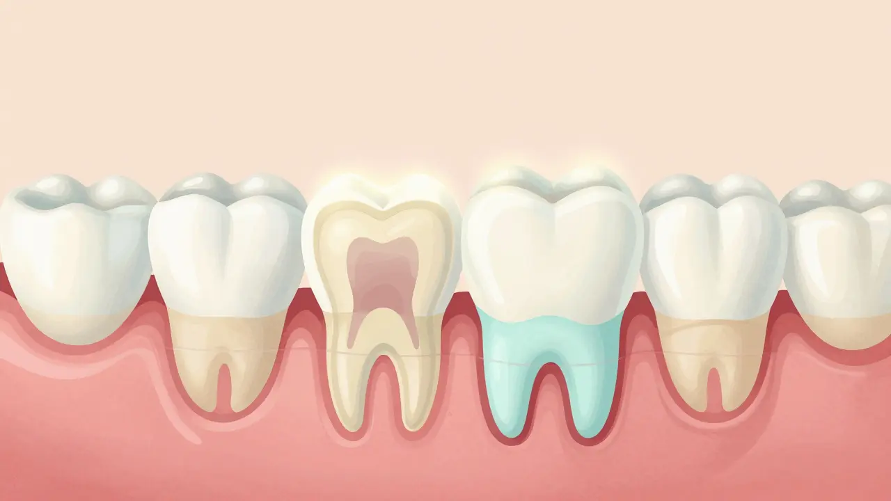 Přehled vývoje prvních trvalých molárů pod dásněmi, s průhledným zobrazením jejich růstu mezi mléčnými zuby.