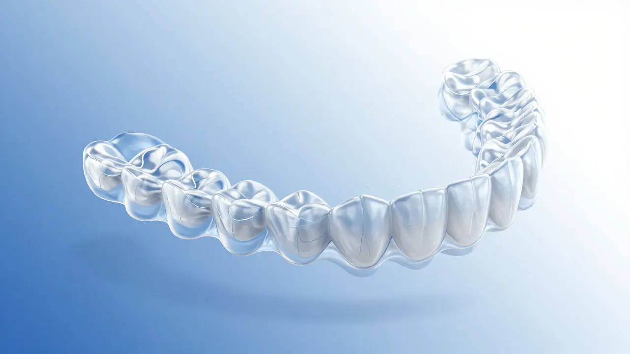 Průhledné alignery v různých fázích tvaru, symbolizující postupné posouvání zubů.