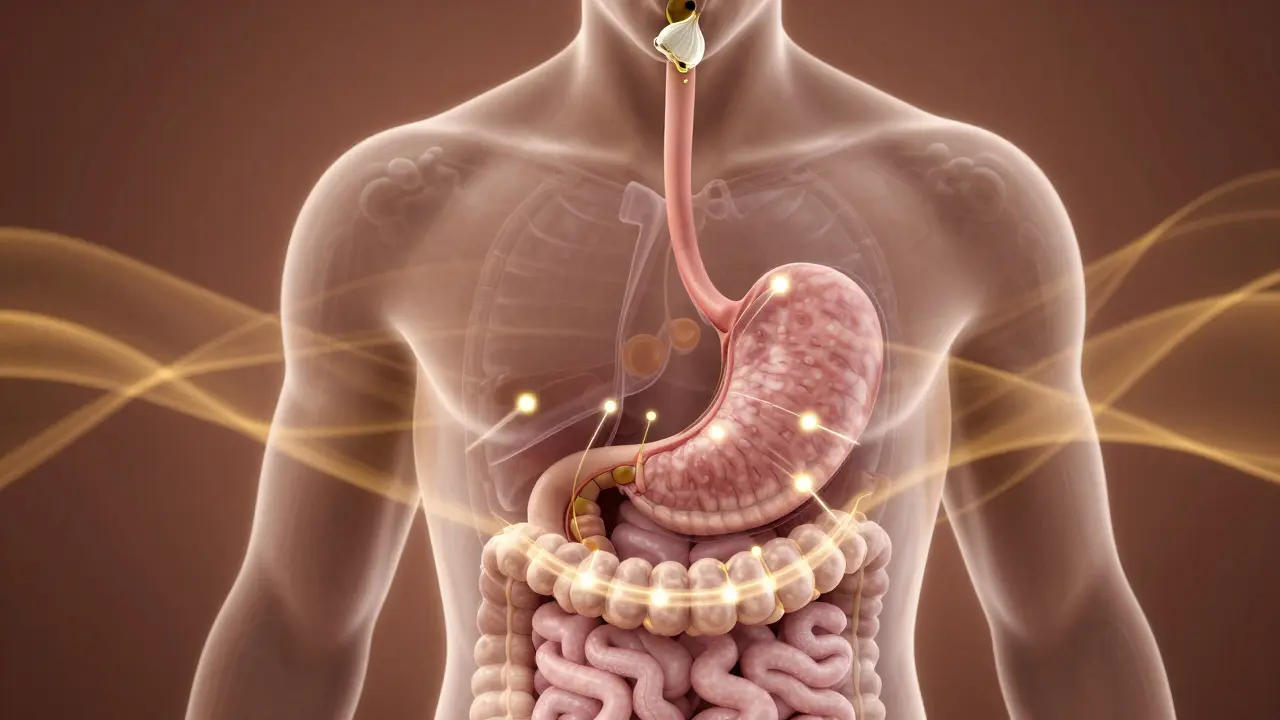 Průhledný náčrt trávicího systému s aktivací enzymů při předkusu.