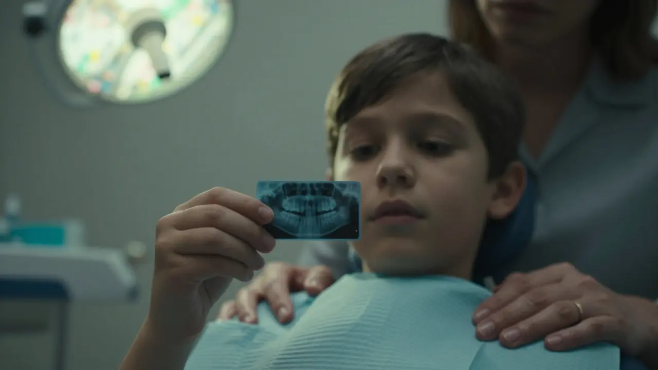 Rentgenový snímek dětské čelisti s chybějícím trvalým řezákem pod dásní.