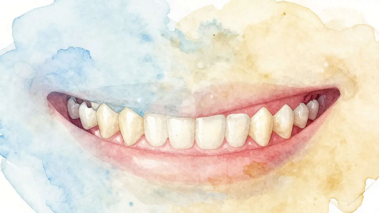 Rozdělený obraz dětského úsměvu: zleva malé mléčné zuby s mezerami, zprava vyrůstající trvalé zuby.