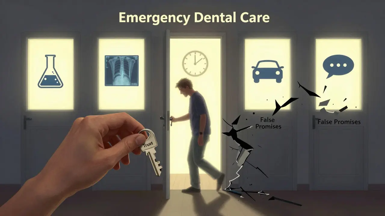 Ruka otevírá dveře s klíčem důvěry k pohotovostní zubní péči v Praze.