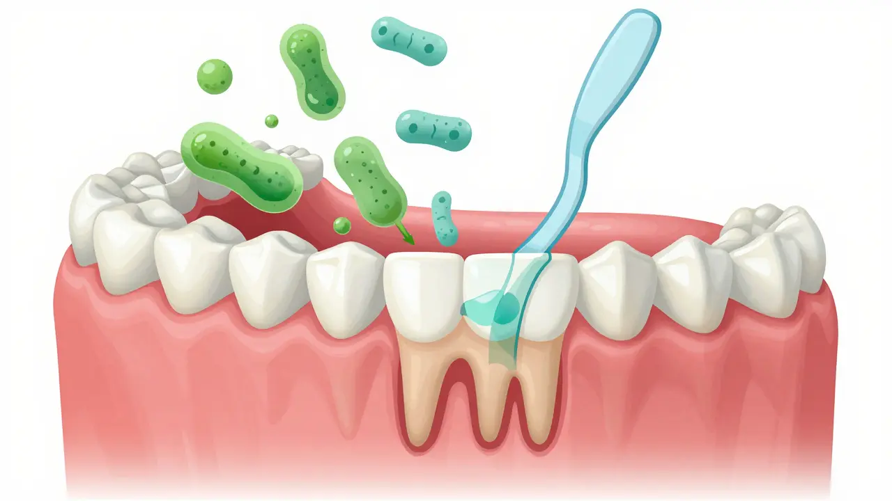 Schéma ústní dutiny ukazující, jak zubní voda proniká pod dásně a ničí bakterie.