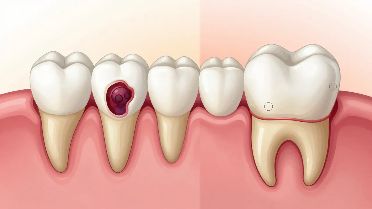 Srovnání před a po kyretáži: infikované dásně a ztráta kosti vs. zahojené dásně a obnovená kost.