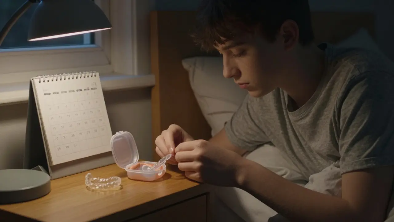 Teenager ukládá vyjímatelný retentor do příslušenství před spaním, ve světle noční lampy.