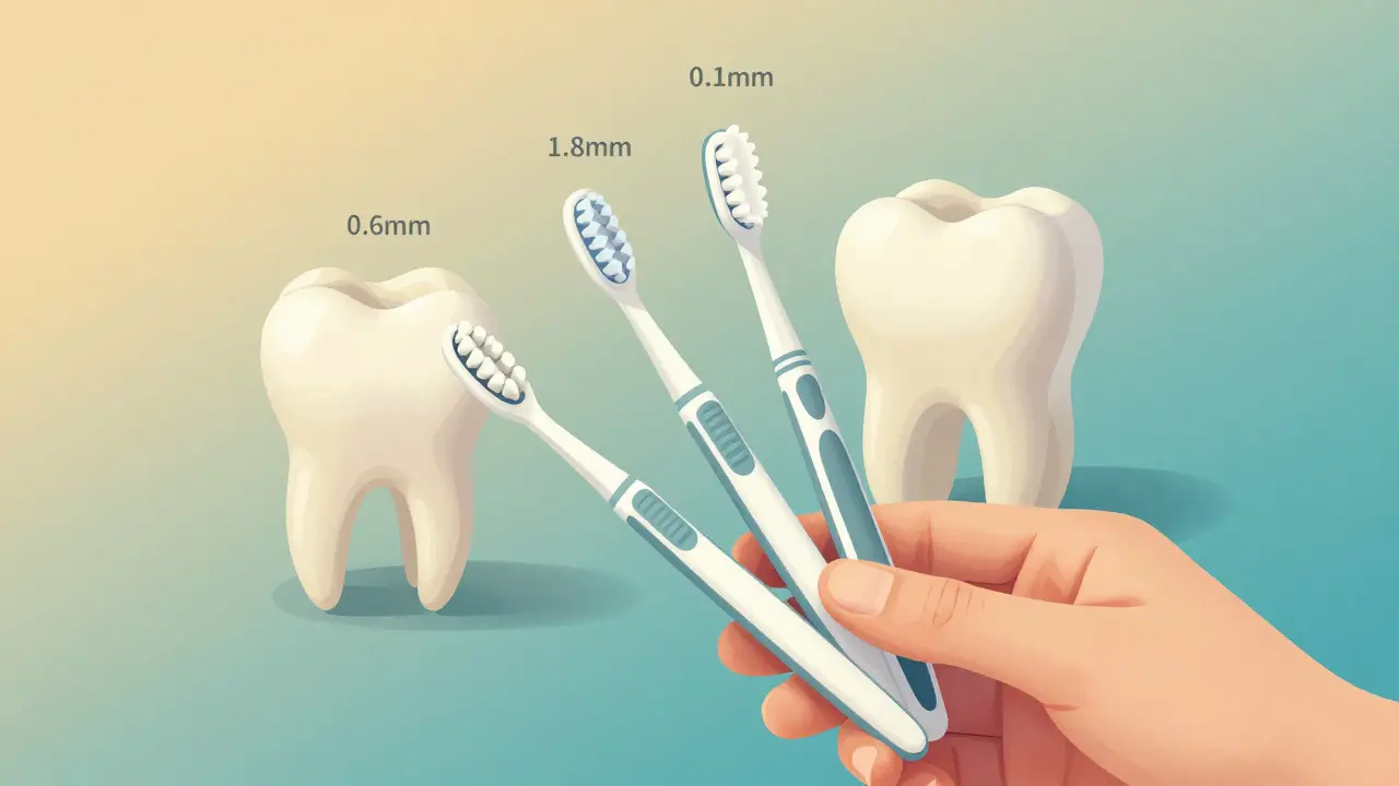 Tři mezizubní kartáčky různých velikostí vedle modelu zubů s různě širokými mezery.