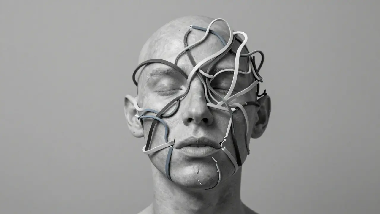 Tvář vzniká z přetržených a znovu spojených gumiček, symbolizujících přechod od nevyrovnanosti k rovnováze.