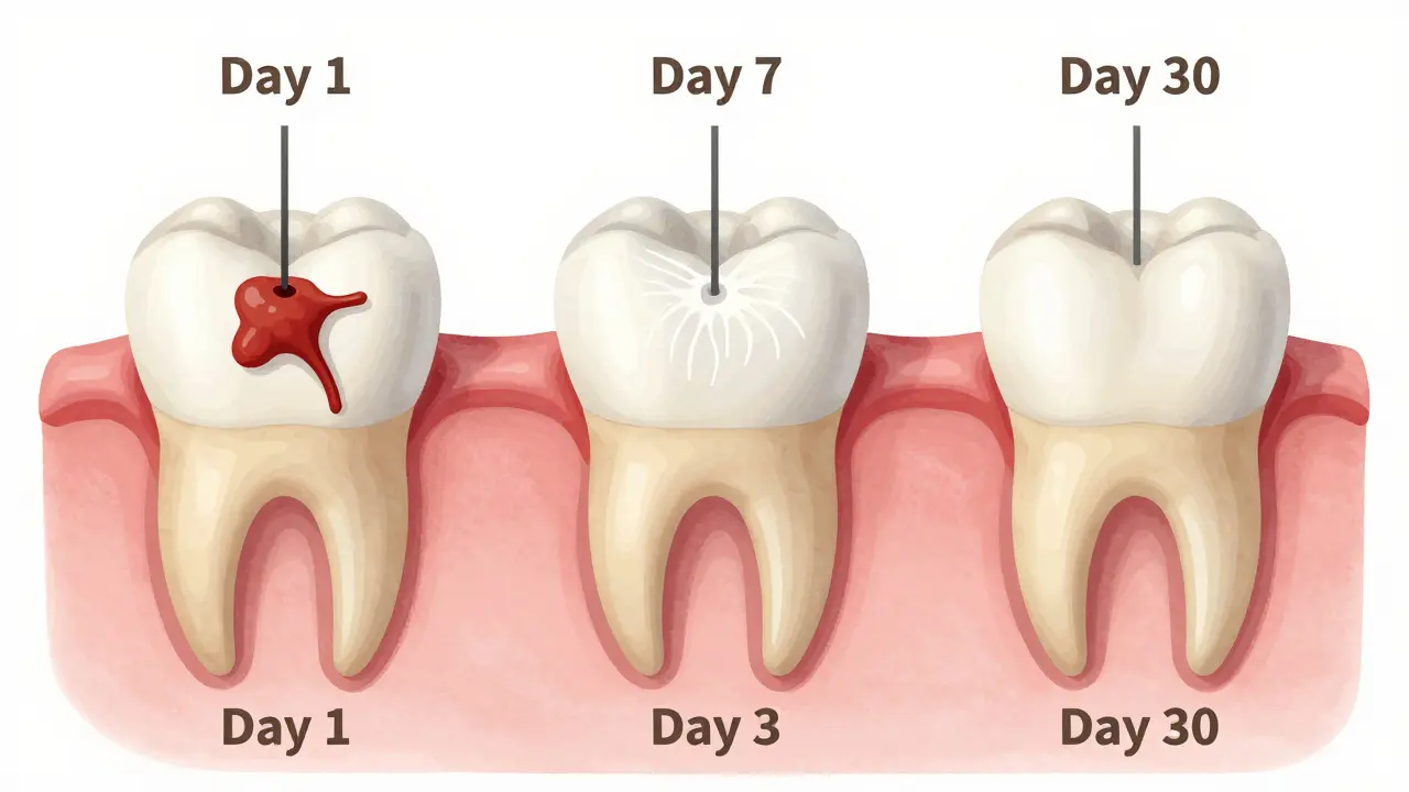 Vývoj hojení díry po extrakci zubu: krevní sraženina, tkáň a kost.