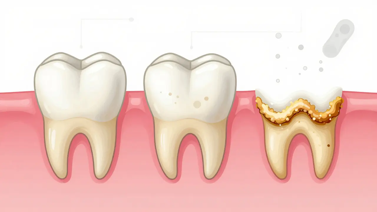 Vývoj plaku na zubu do zubního kamene - od bílé vrstvy k hnědému nárustu.