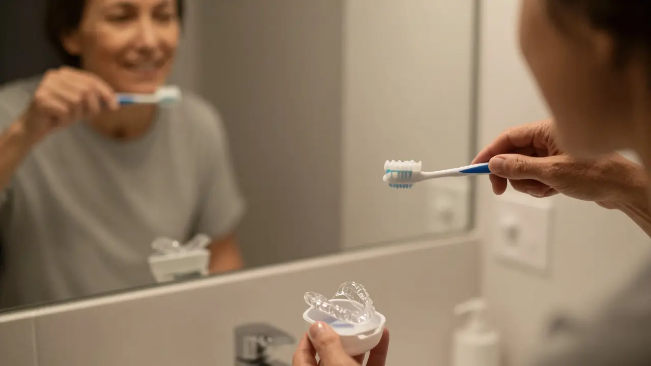 Žena si čistí zuby ve výhledu do zrcadla, průhledná rovnátka leží v příslušenství vedle rakve.