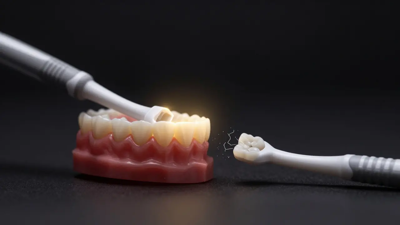 Zlatá čára označuje ideální pasující mezizubní kartáček mezi zuby, ostatní jsou neúčinné.