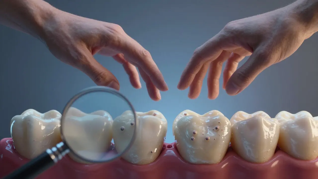 Zuba pod mikroskopem s plakem a rukama, které se nepřiblíží — neviditelná bariéra mezi nimi.