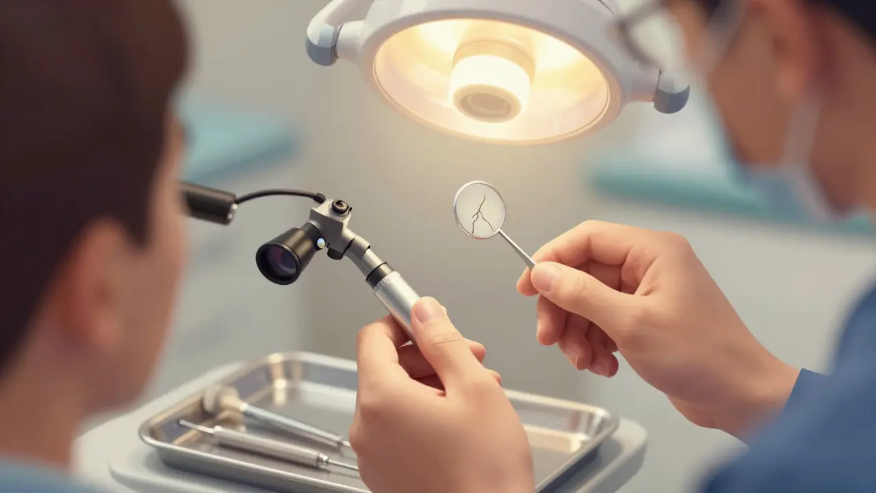 Zubní lékař prohlíží prasklinu v zubu pomocí zvětšovací čočky