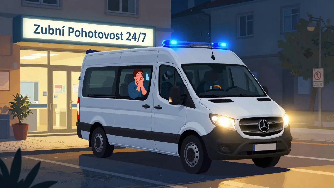 Zubní pohotovostní auto přijíždí k klinice v Praze v půlnoci s upozorňovacími světly.