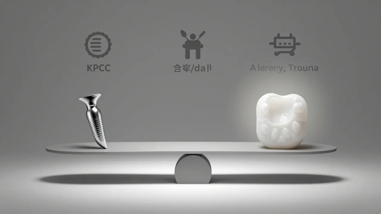 Balanced scale comparing silver and white dental fillings with symbols for cost and age restrictions.