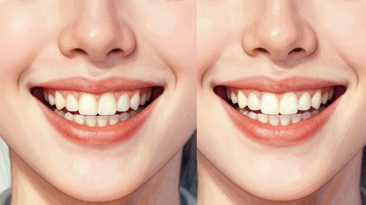 Before and after smile comparison showing closed gap between teeth with ceramic veneers.