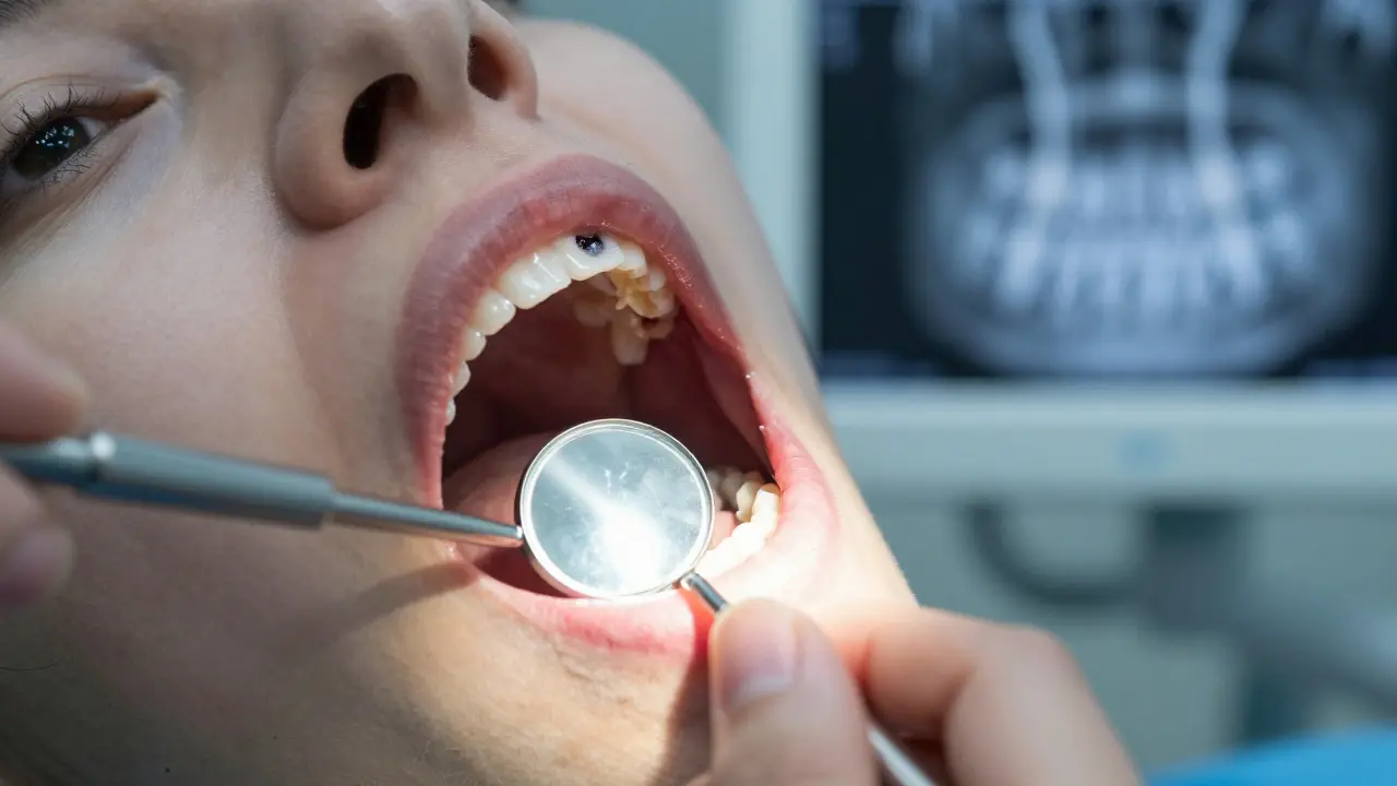 Blízký pohled na poškozený zub s oteklými dásněmi a zářícím hnisem pod dentálním osvětlením.