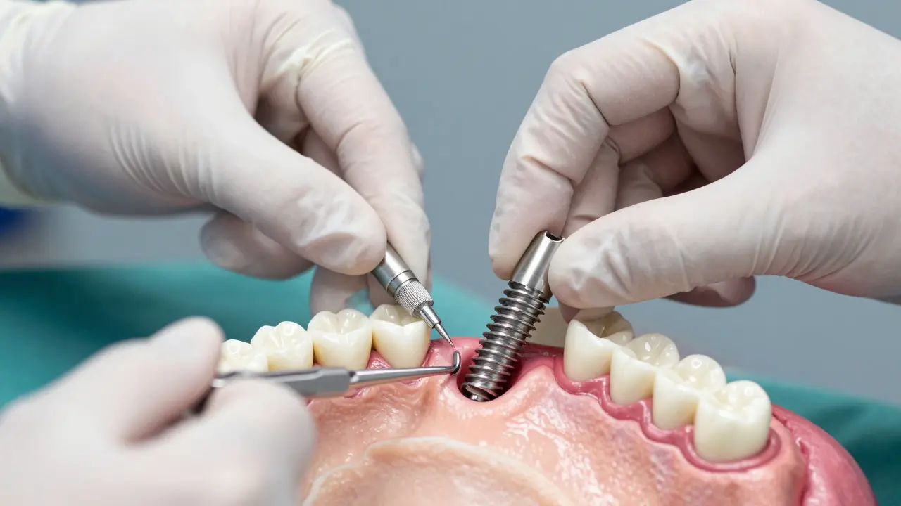 Chirurg vkládá titanový implantát do čelisti během operace.