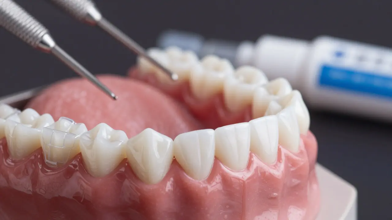 Close-up of translucent ceramic orthodontic brackets on white teeth.