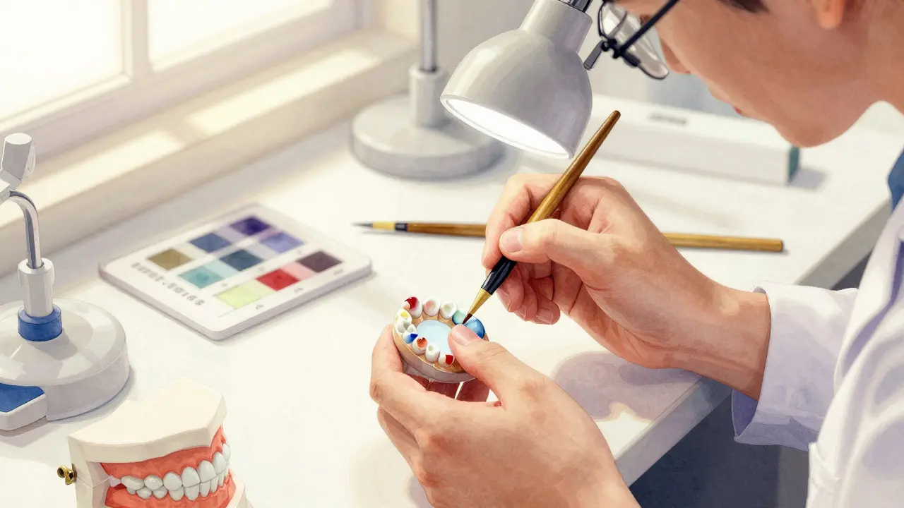 Dental technician hand-painting porcelain layers onto a zirconia crown under a magnifying lamp.