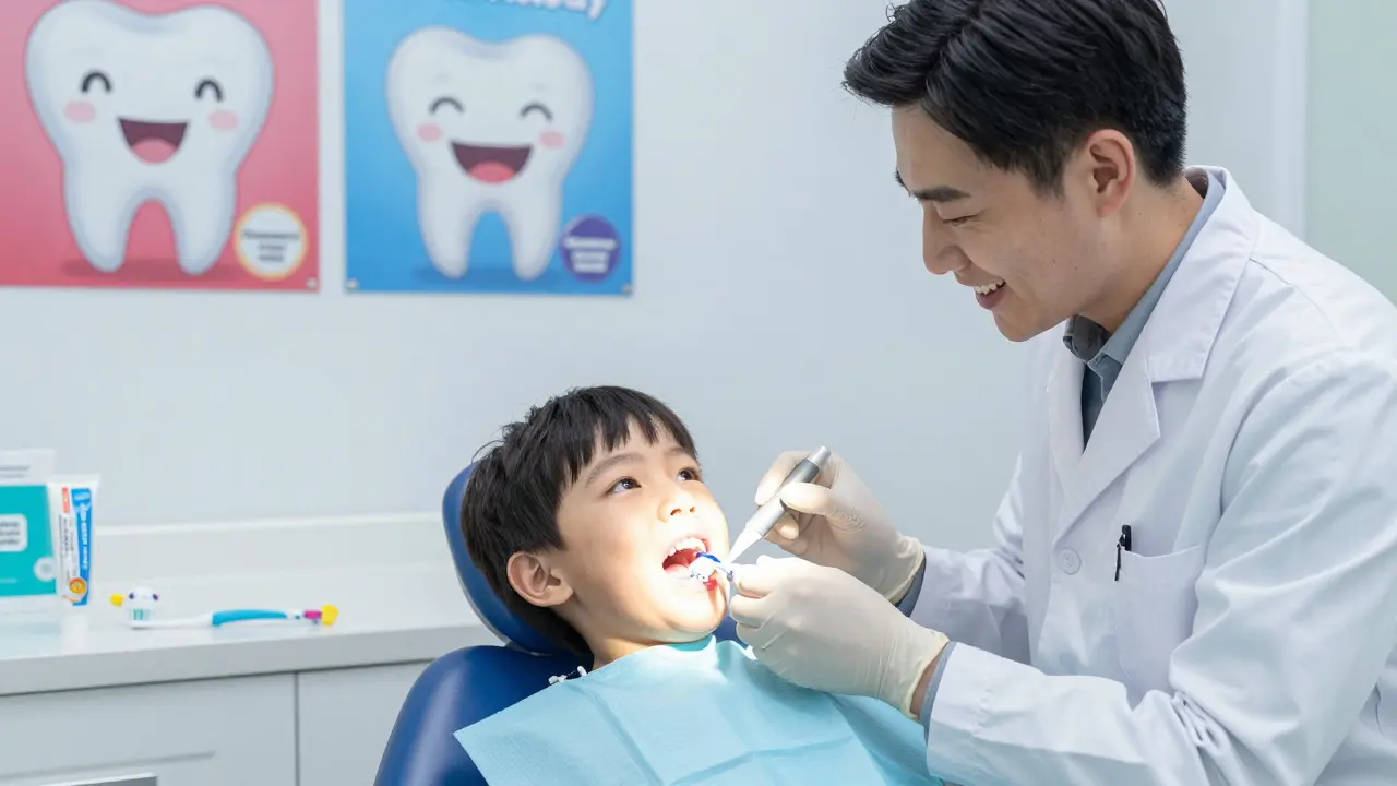 Dětský zubní lékař vyšetřuje dítě, které není vystrašené, v čistém kancelářském prostředí.