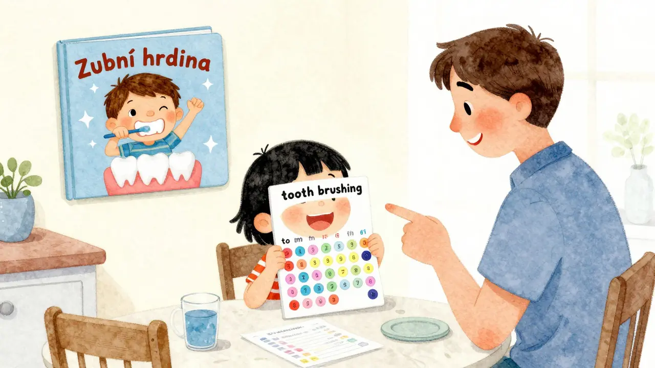 Dítě ukazuje plán čištění zubů s nálepkami a knížku o zubním hrdinovi.