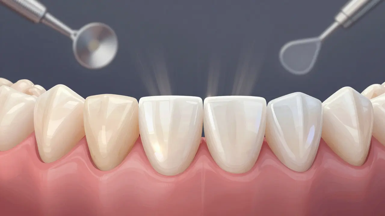 Dva přední zuby vedle sebe: jeden přirozený a jeden s tenkou keramickou vrstvou, která zlepšuje barvu a tvar.