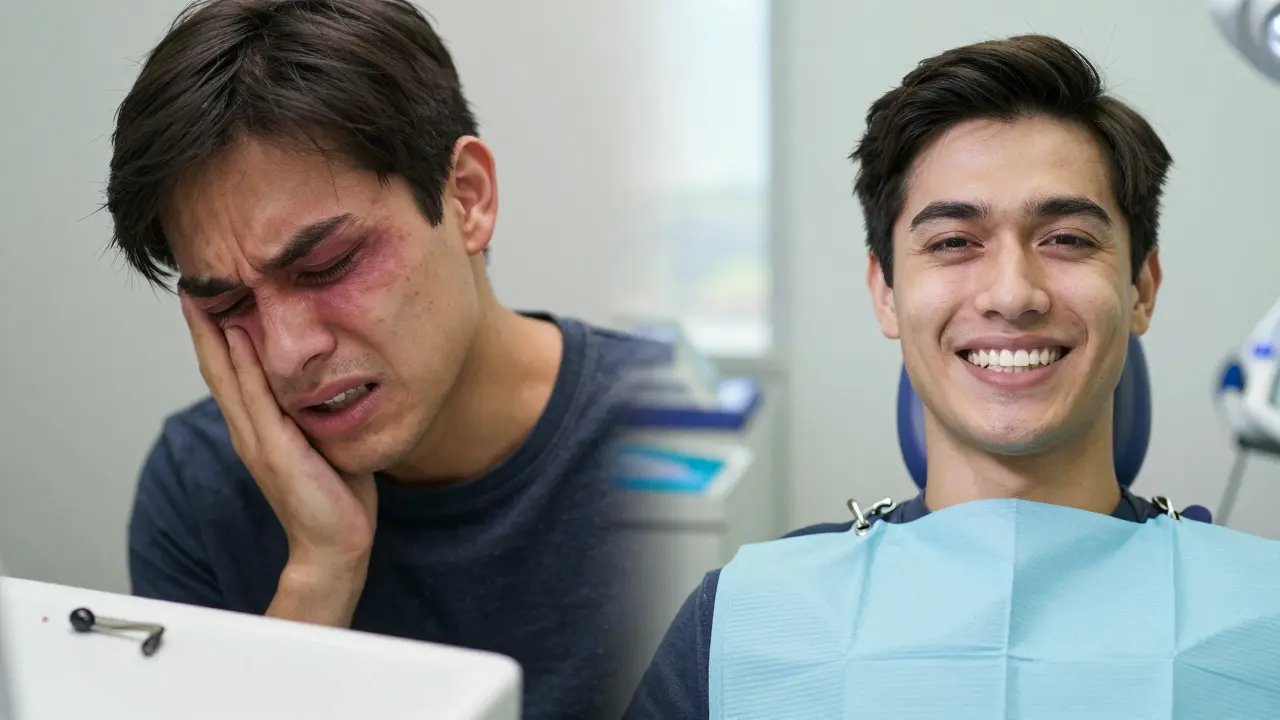 Dvě části scény: jedna ukazuje bolestivý zub a spadlou plombu, druhá klidný úsměv po léčbě.