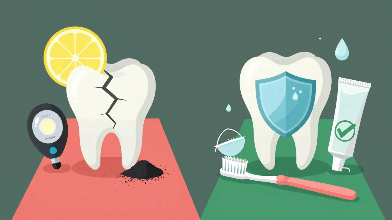 Dvě cesty k bílým zubům: nebezpečné metody napravo a bezpečné vlevo.