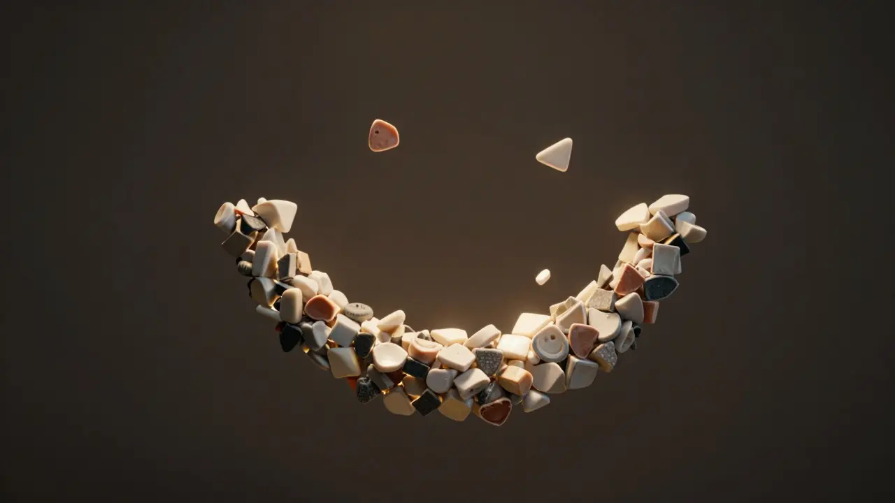 Floating ceramic and composite veneer fragments forming a radiant smile.