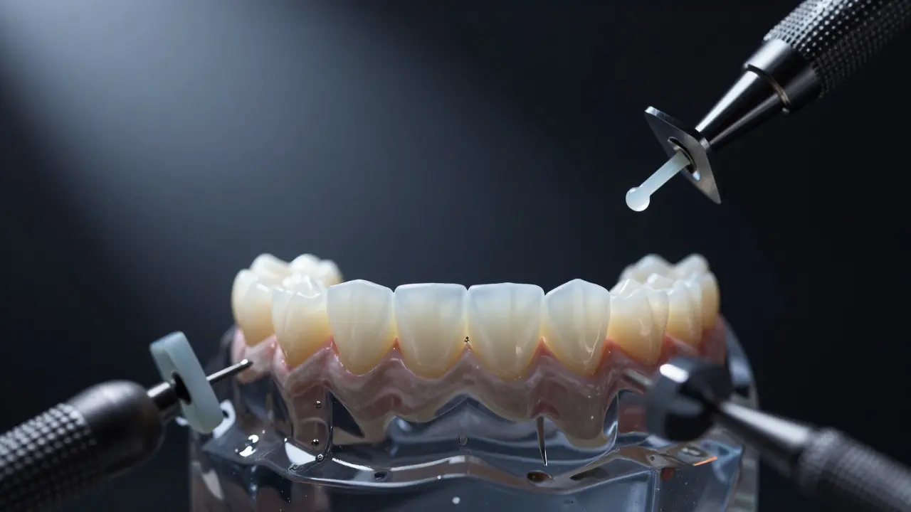 Floating ceramic veneers above dental model with tools, glowing with porcelain translucency.